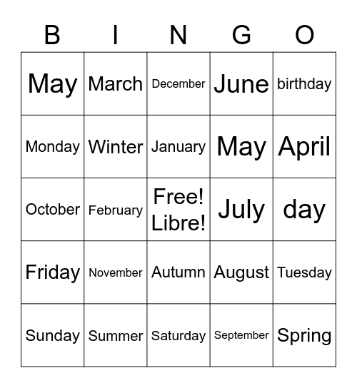 French seasons months dates Bingo Card