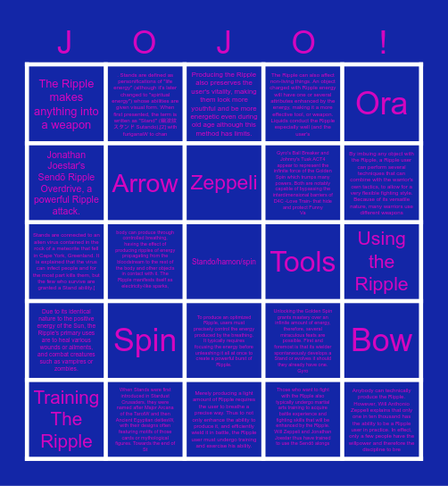 JOJO'S BINGO ADVENTURE Bingo Card