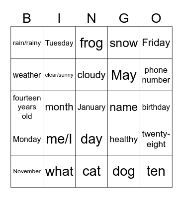 J1 Basic Vocab Bingo Card