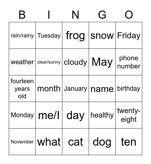 J1 Basic Vocab Bingo Card