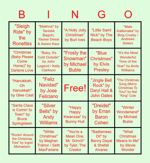 Virtual Holiday Music Bingo Card