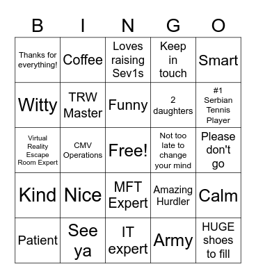 Zoran's Farewell Bingo Card