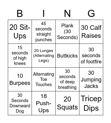 Fitness Bingo Card