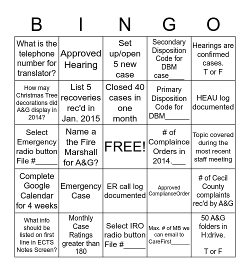 Appeals and Grievance Investigator Bingo Board - Begins January 2015! Bingo Card