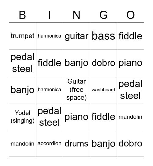 Country Instruments Bingo Card