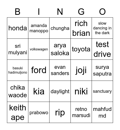 K Bingo Card