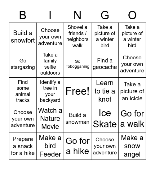 Guiding Winter 2020 Outdoor Bingo Card