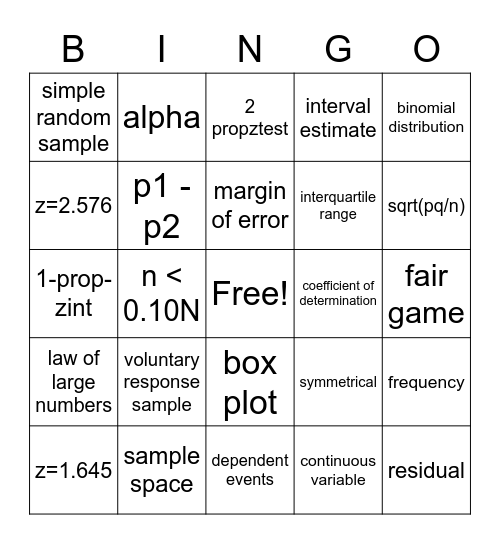 Statistics Bingo Card