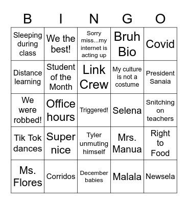Manua & Tevaga BINGO Card
