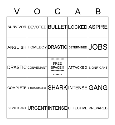 READ 180 VOCABULARY BINGO Card