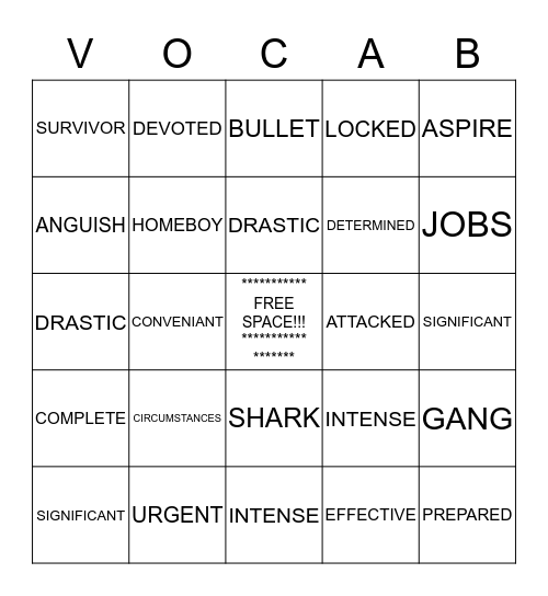 READ 180 VOCABULARY BINGO Card