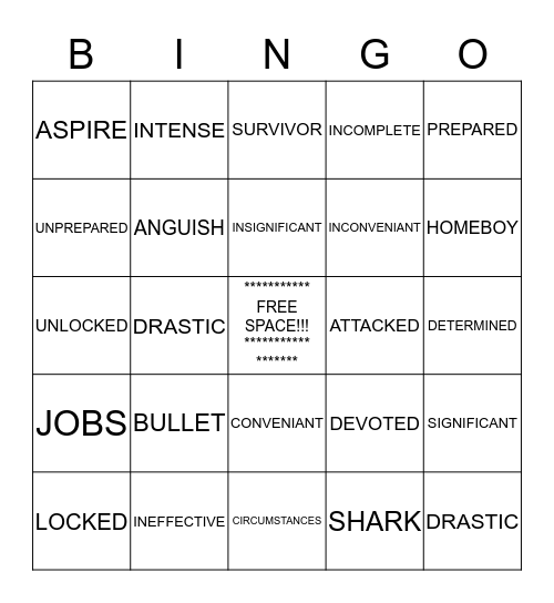 READ 180 VOCABULARY BINGO Card