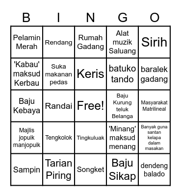 Culture about Melayu Minangkabau Bingo Card