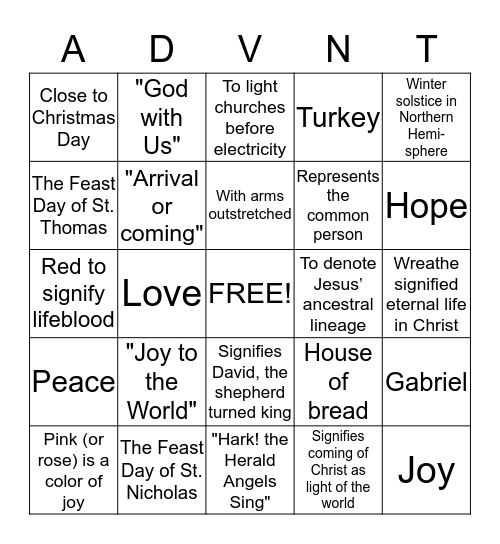 Advent Trivia Bingo Card