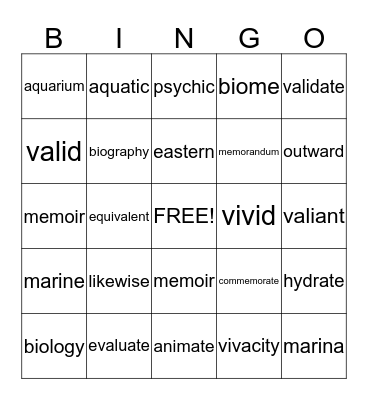 Morphology Word Bingo Card