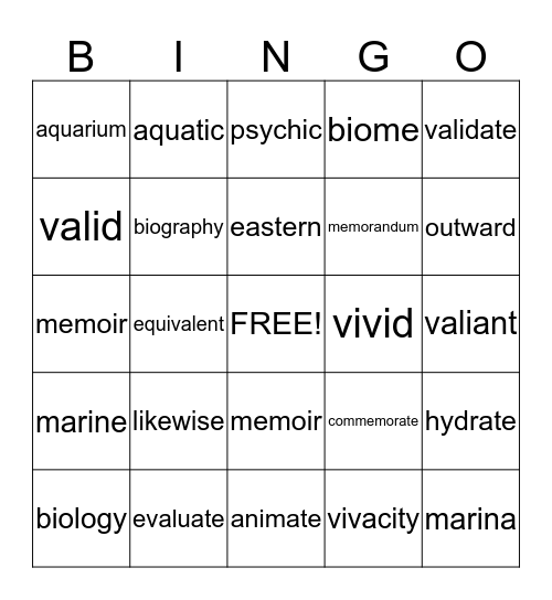 Morphology Word Bingo Card