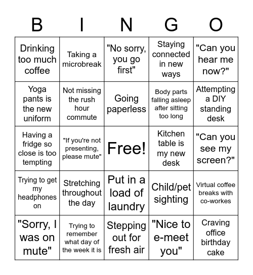 Work From Home Office Bingo Card