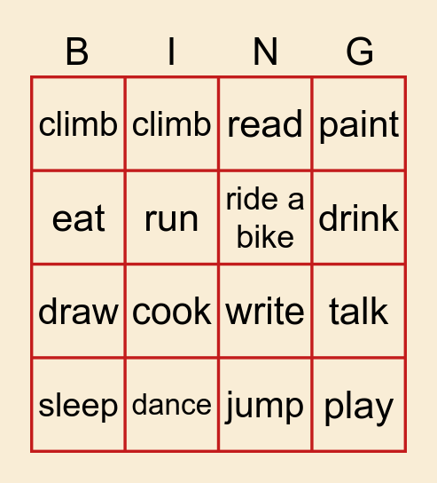 Actions Bingo Card