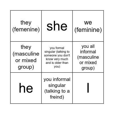 Pronombres personales Bingo Card