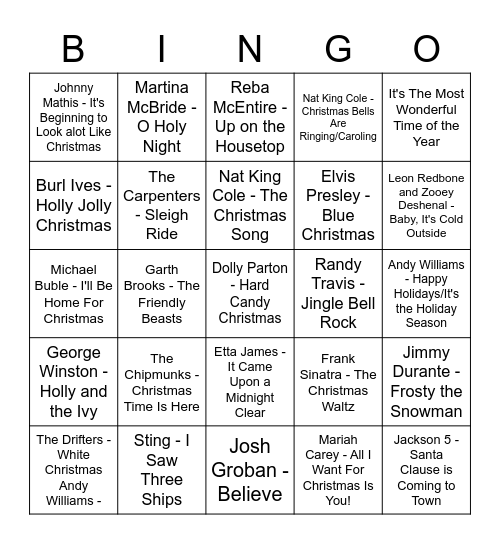 Holiday Song Bingo - upper grades Bingo Card