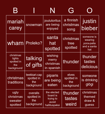 pikkujoulu Bingo Card