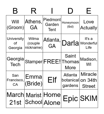 Bridal Bingo Card