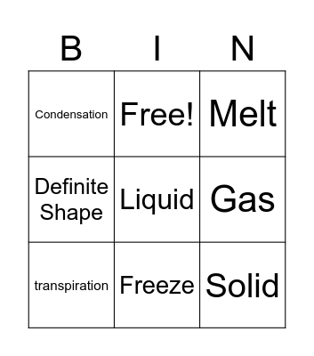 States of Matter Bingo Card