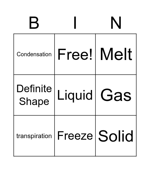 States of Matter Bingo Card