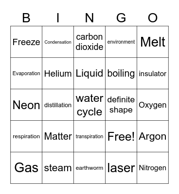 States of Matter Bingo Card