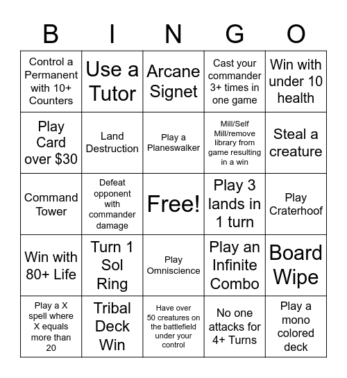 COMMANDER Bingo Card