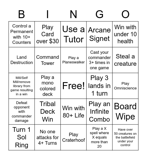 COMMANDER Bingo Card