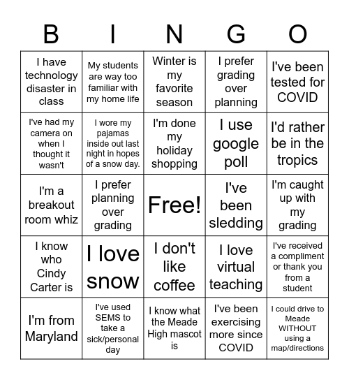 New Teacher Committee Meeting Bingo Card