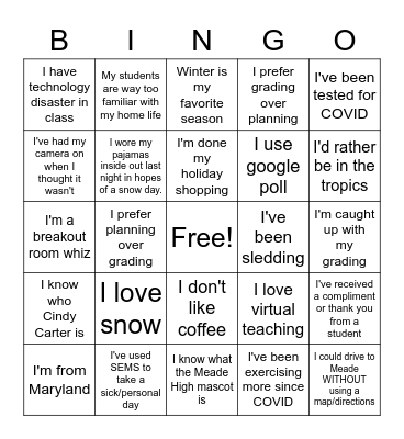 New Teacher Committee Meeting Bingo Card