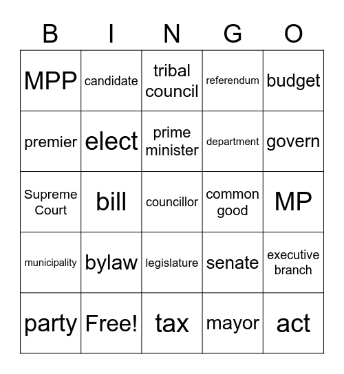 Canadian Government and Citizenship Bingo Card