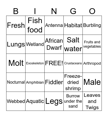 FROGS AND CRABS AND MILLIPEDES, OH MY! Bingo Card