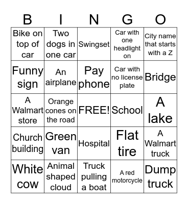 Keller Family Road Trip Bingo Card