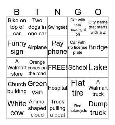 Keller Family Road Trip Bingo Card