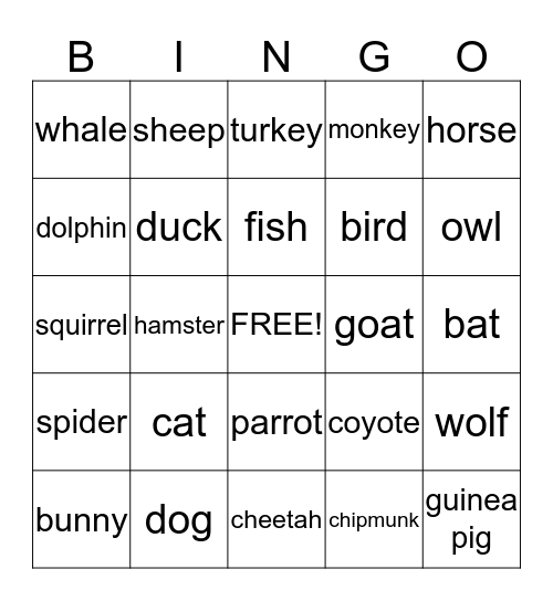 Animal  Bingo Card