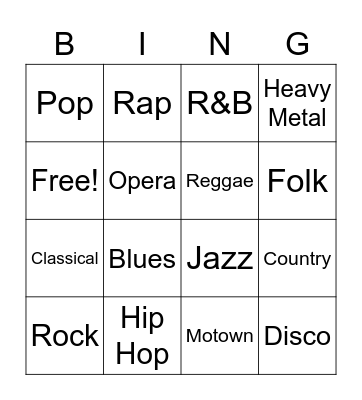 Types of Music Bingo Card