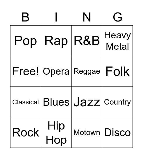 Types of Music Bingo Card