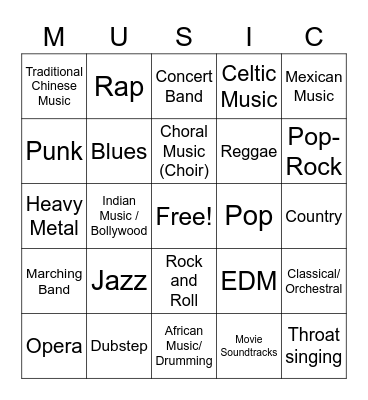 MUSIC GENRE BINGO Card