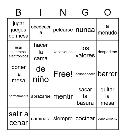 Vocabulario Bingo Card