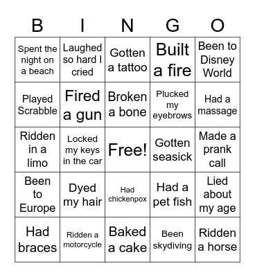 Never Have I Ever... Bingo Card