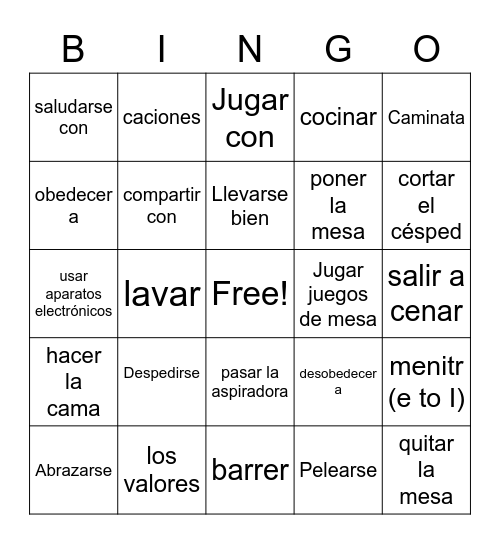 Spanish Bingo Game Bingo Card