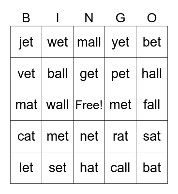 "ET", "ALL", "AT" Word Families Bingo Card