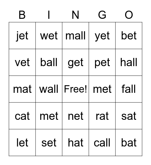 "ET", "ALL", "AT" Word Families Bingo Card
