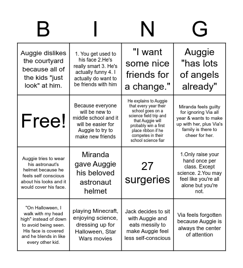 Wonder Bingo Card