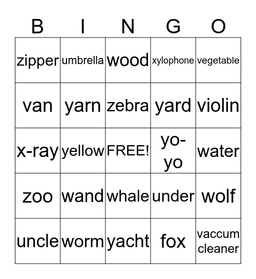 U, V, W, X, Y, Z  Bingo Card