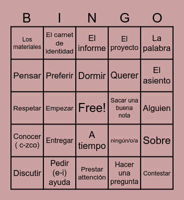 Vocabulary 1A Bingo Card