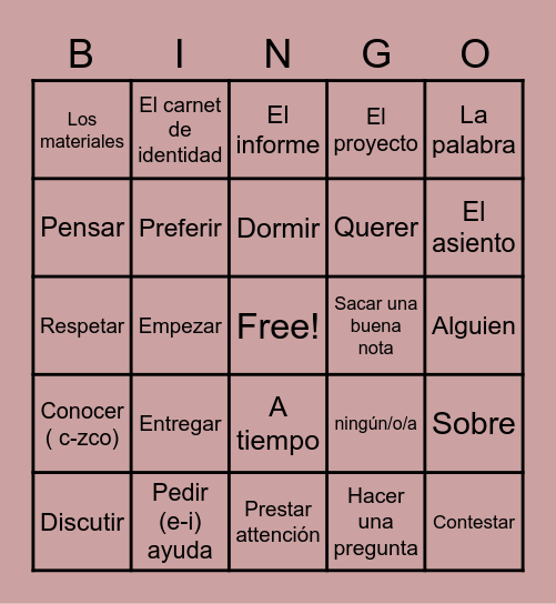 Vocabulary 1A Bingo Card